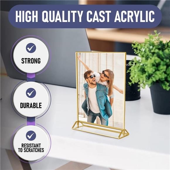 Gold Picture Frames Double Sided - 6 Pack - 4x6 Acrylic Gold Table Number Holder - Picture 3 of 6